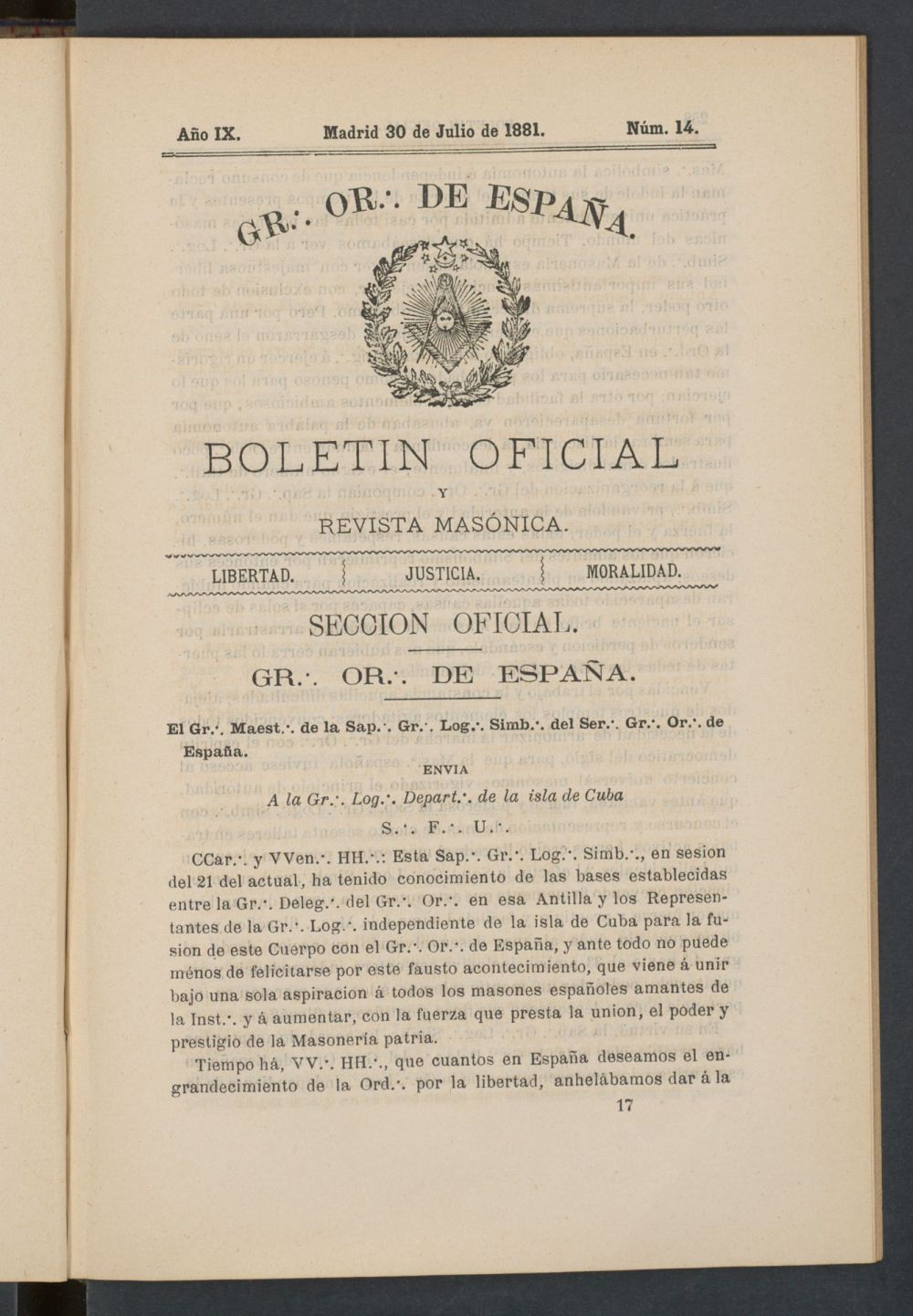 Boletn Oficial del Gran Oriente de Espaa del 30 de julio de 1881. N 14