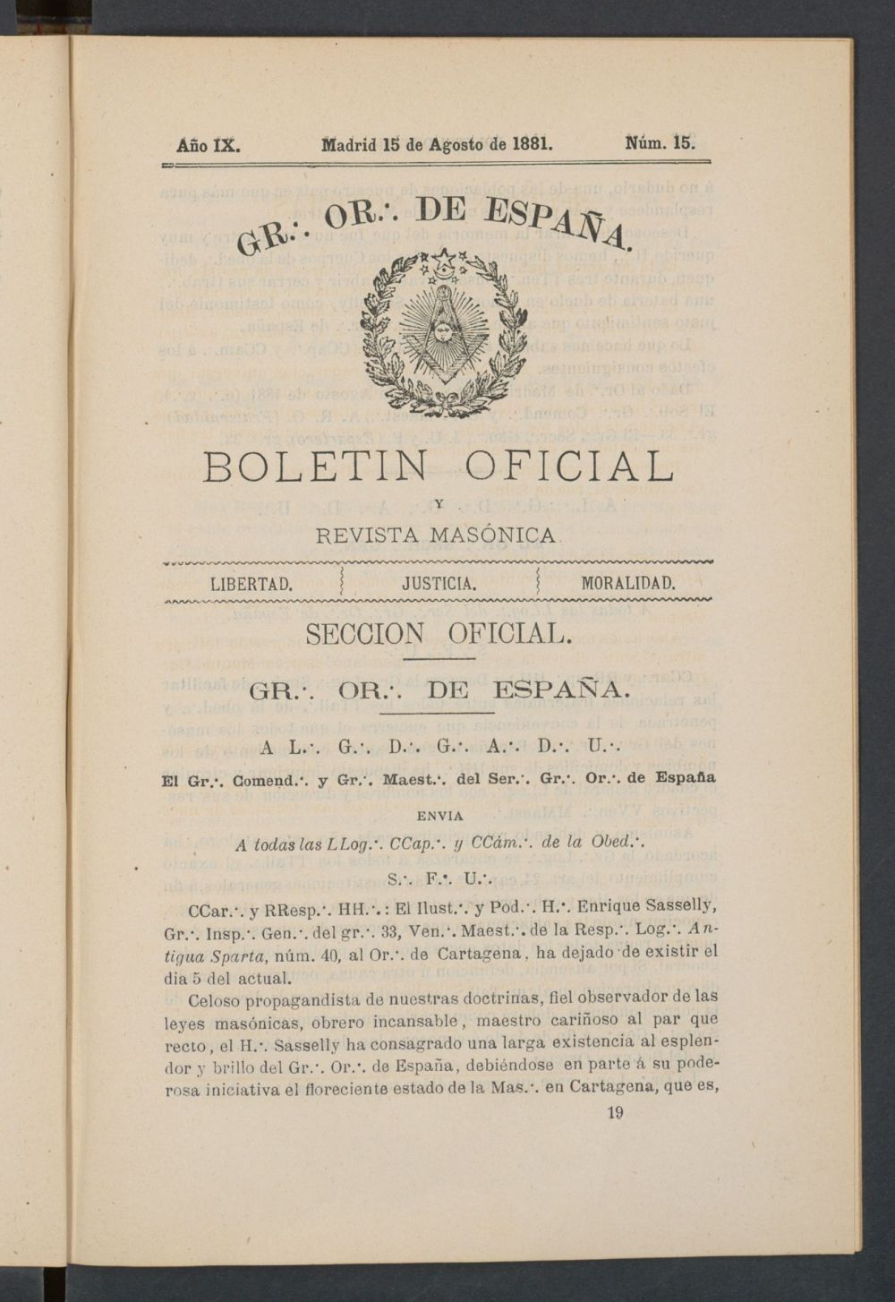 Boletn Oficial del Gran Oriente de Espaa del 15 de agosto de 1881. N 15