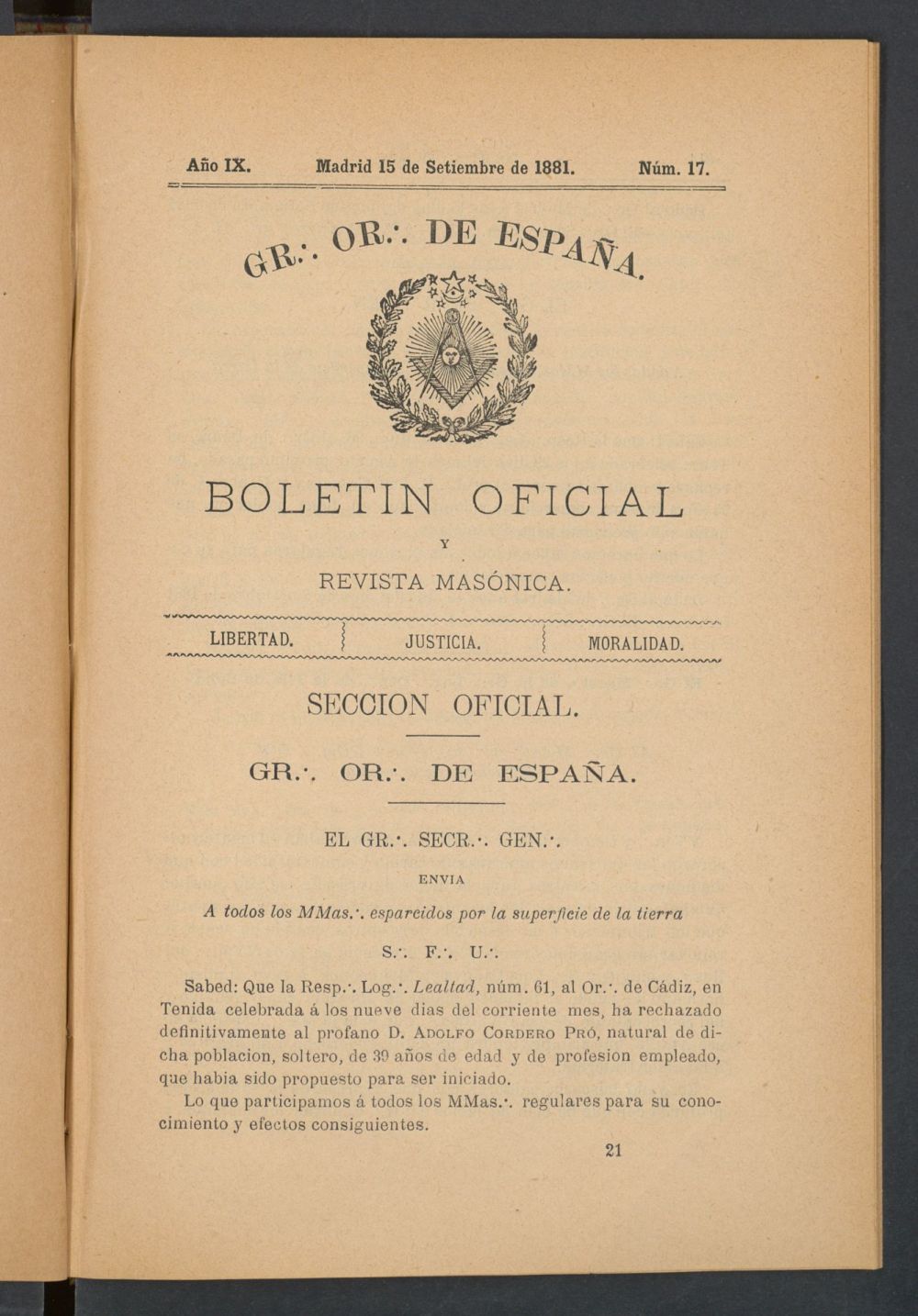Boletn Oficial del Gran Oriente de Espaa del 15 de septiembre de 1881. N 17