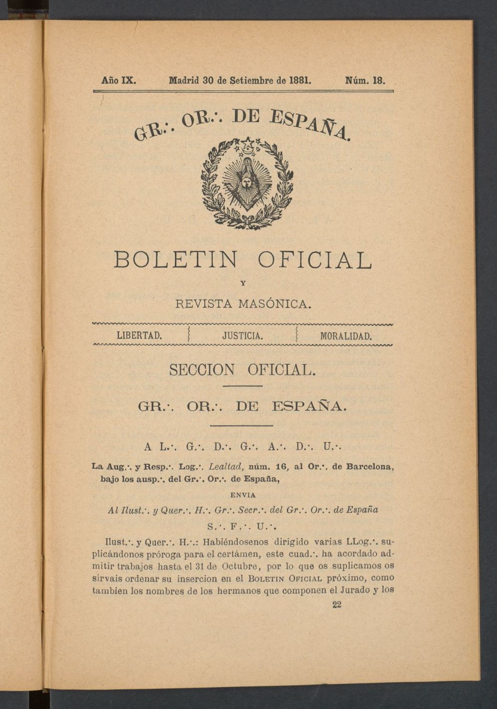 Boletn Oficial del Gran Oriente de Espaa del 30 de septiembre de 1881. N 18