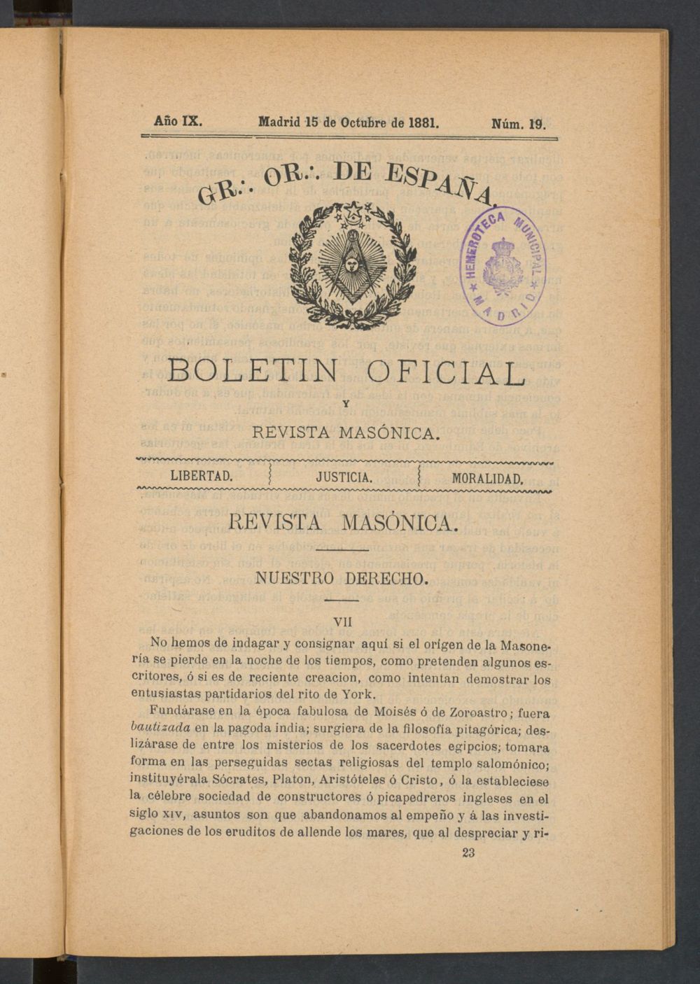 Boletn Oficial del Gran Oriente de Espaa del 15 de octubre de 1881. N 19