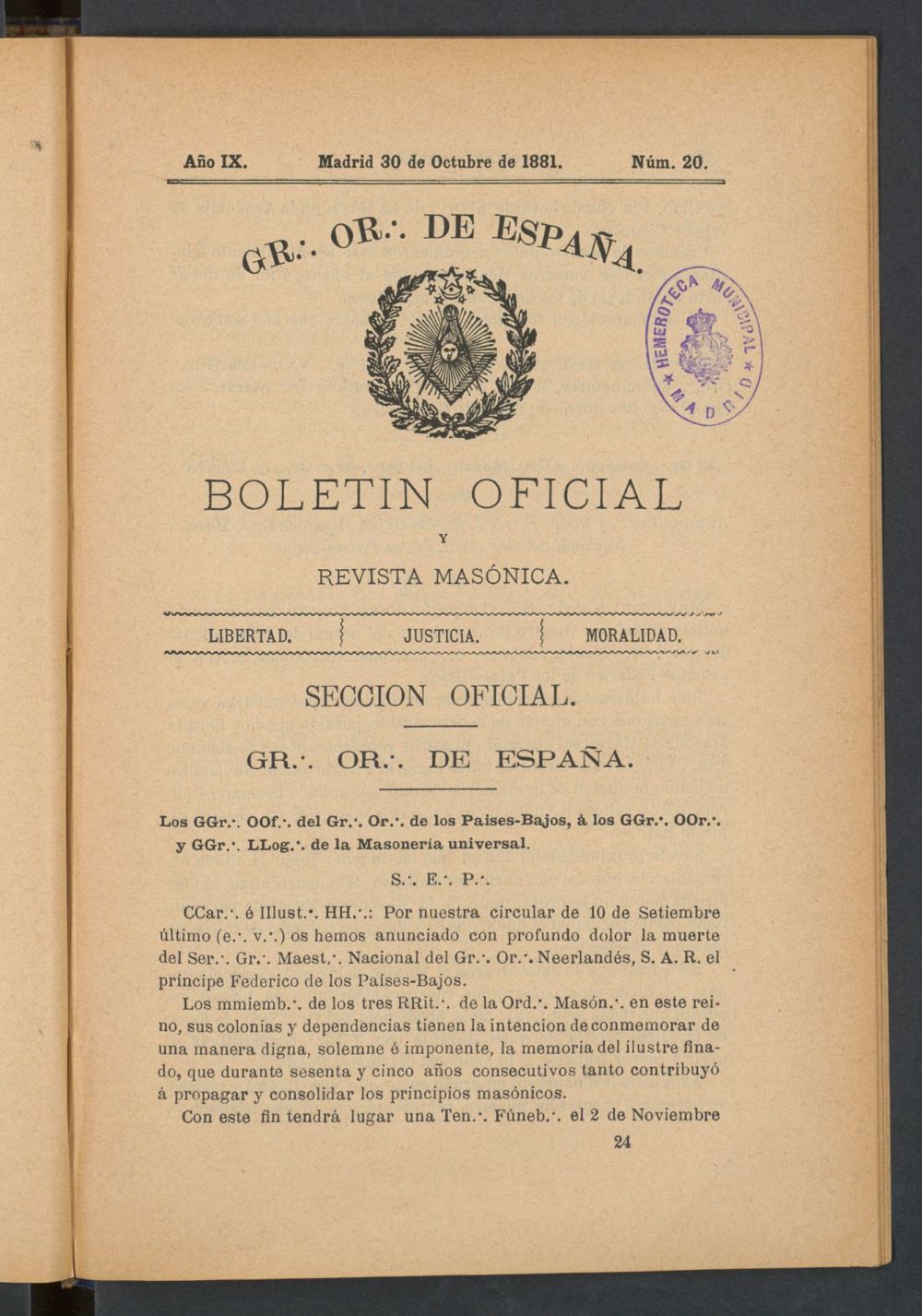 Boletn Oficial del Gran Oriente de Espaa del 30 de octubre de 1881. N 20