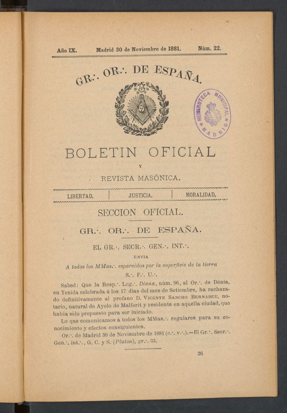 Boletn Oficial del Gran Oriente de Espaa del 30 de noviembre de 1881. N 22