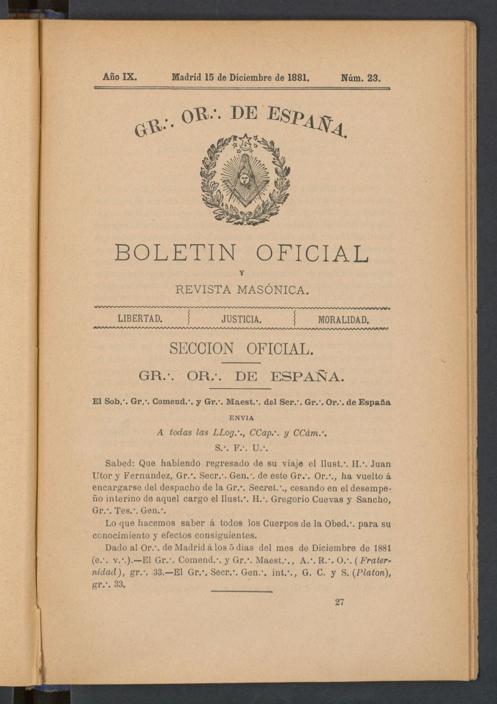 Boletn Oficial del Gran Oriente de Espaa del 15 de diciembre de 1881. N 23