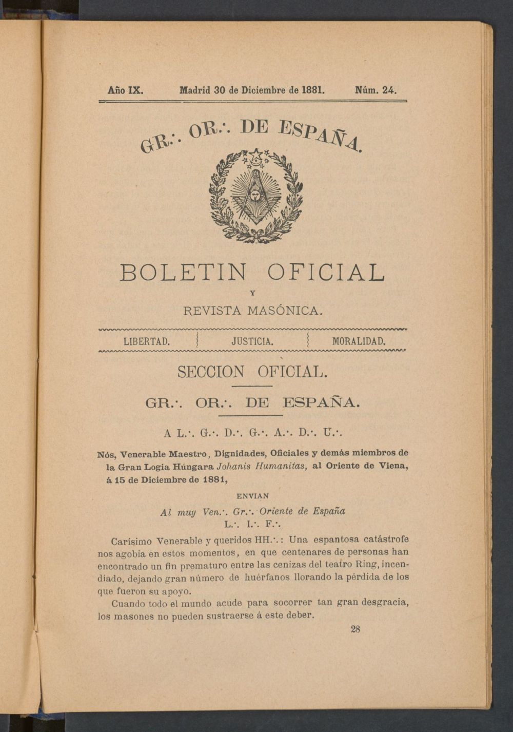 Boletn Oficial del Gran Oriente de Espaa de 30 de diciembre de 1881. N 24