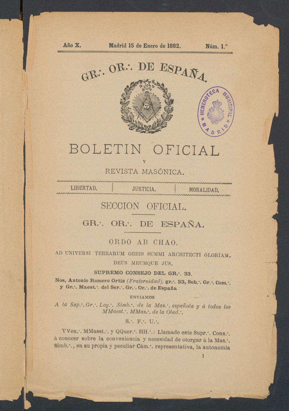 Boletn Oficial del Gran Oriente de Espaa del 15 de enero de 1882. N 1