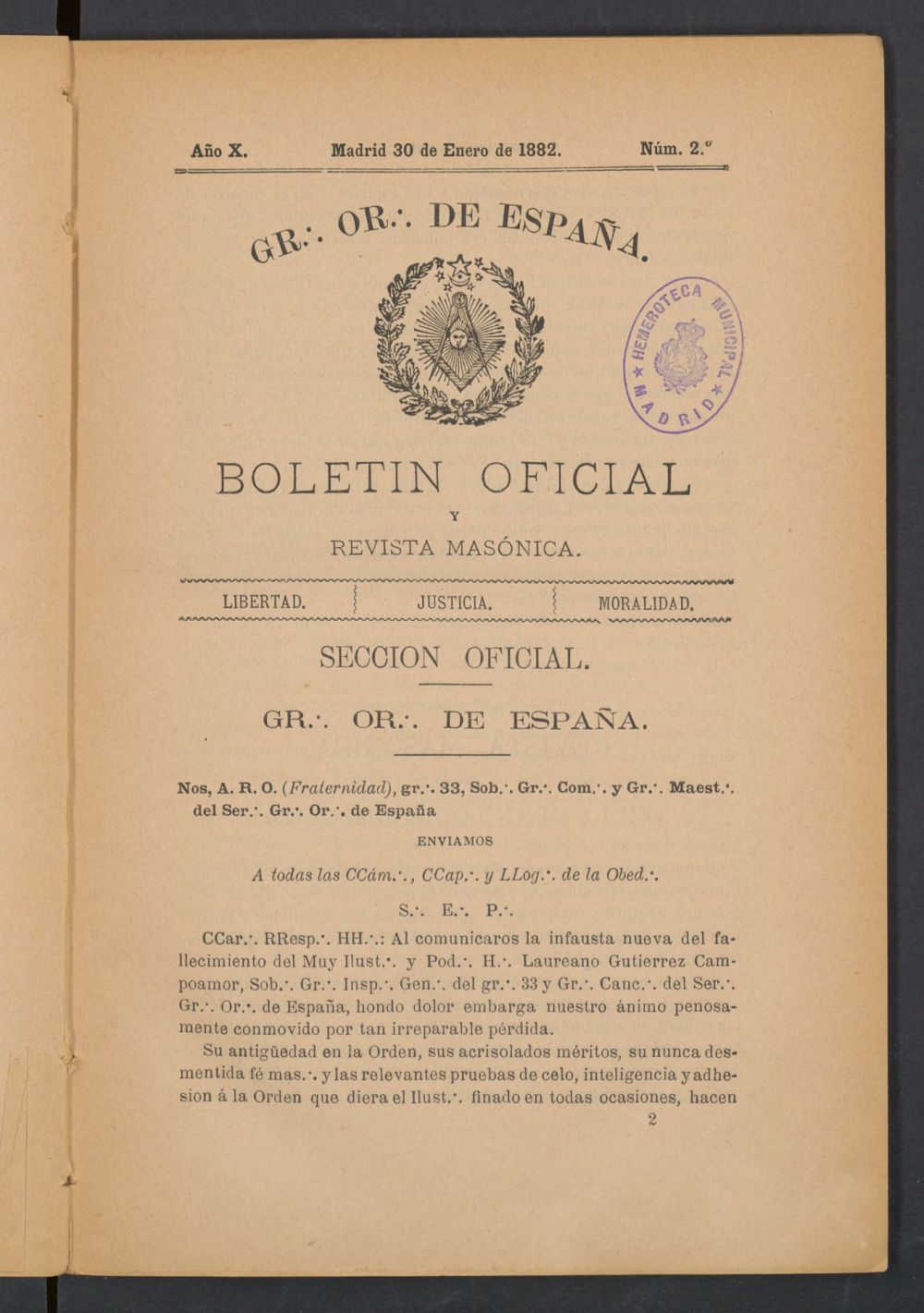 Boletn Oficial del Gran Oriente de Espaa del 30 de enero de 1882. N 2