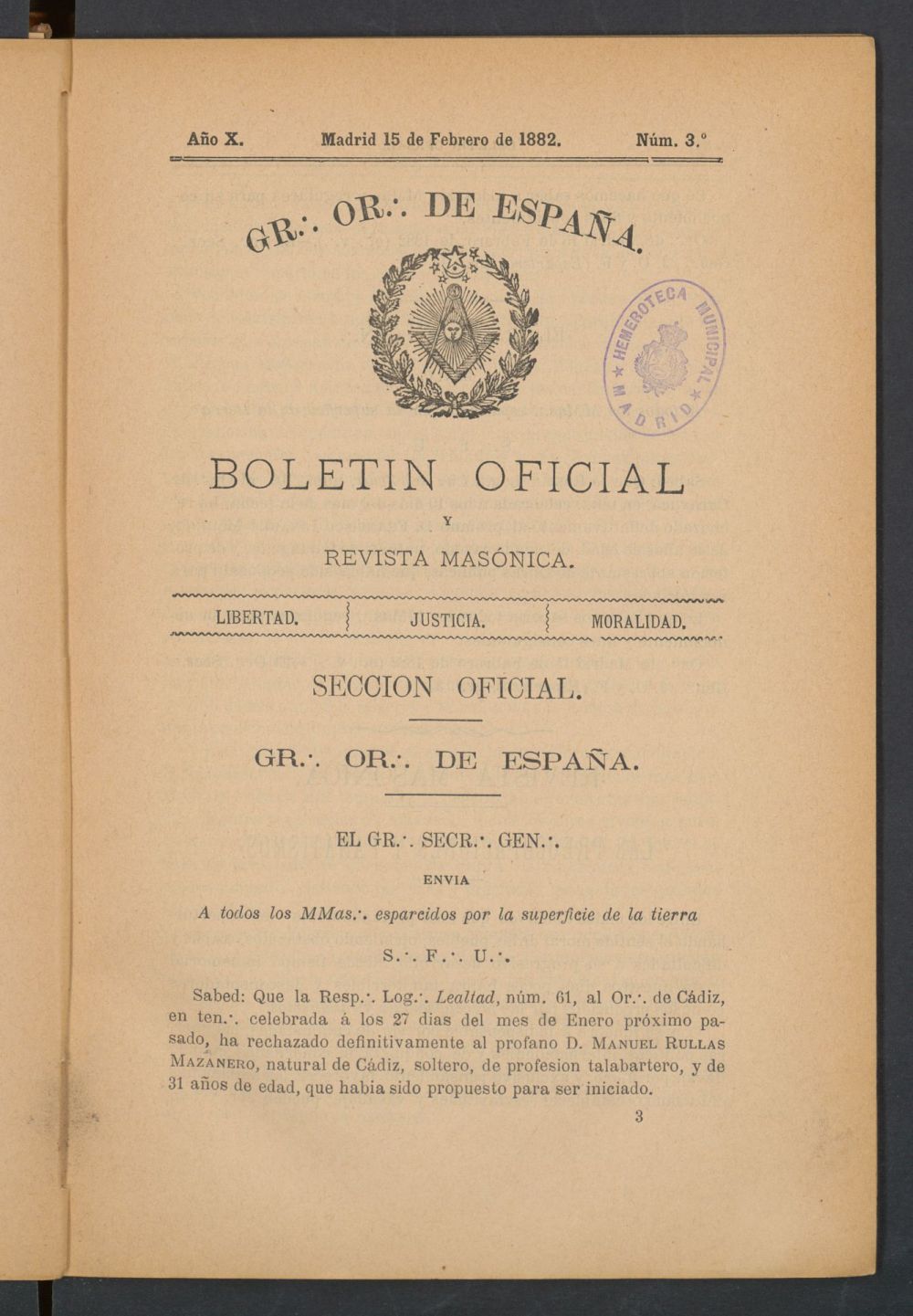 Boletn Oficial del Gran Oriente de Espaa del 15 de febrero de 1882. N 3