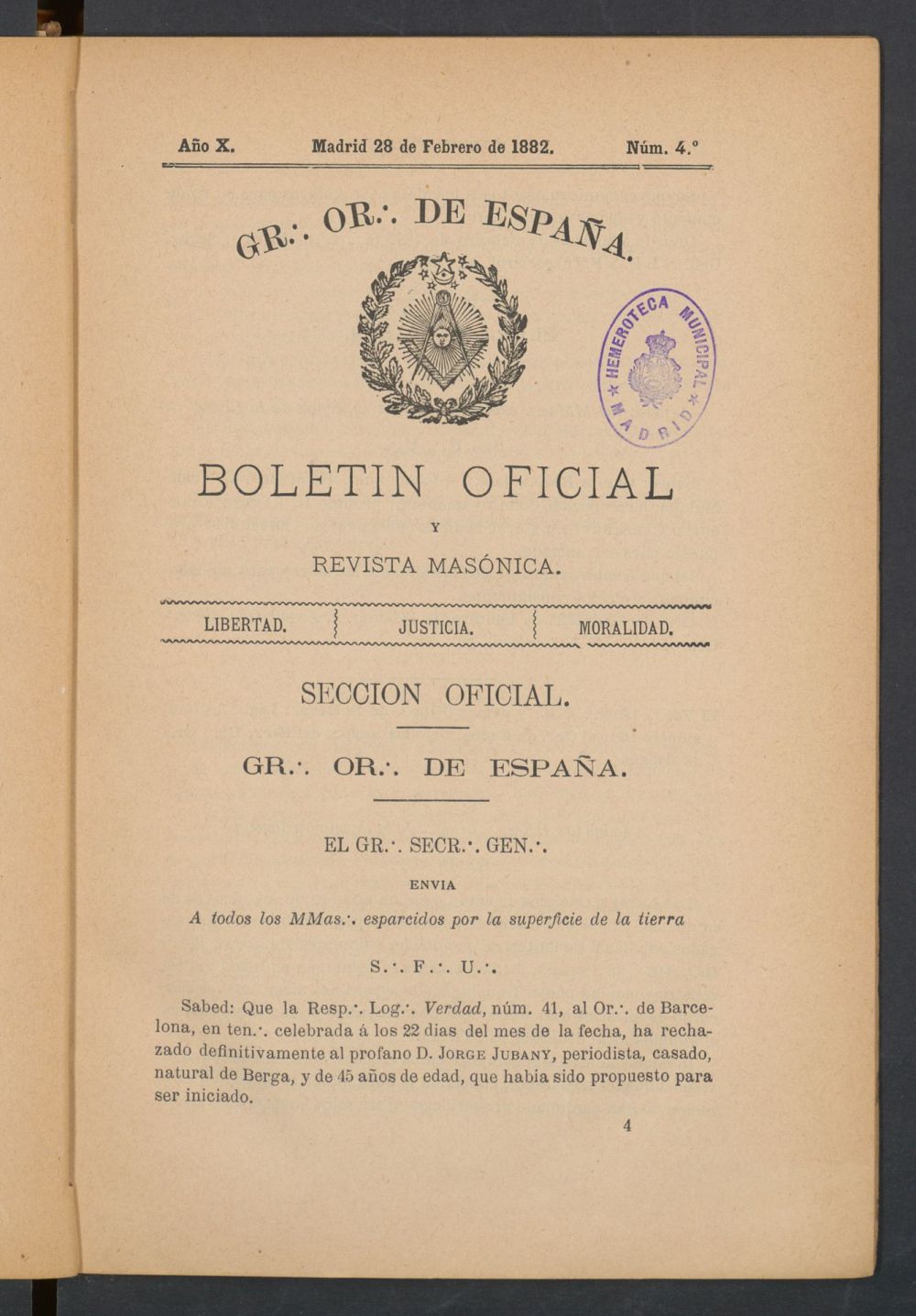 Boletn Oficial del Gran Oriente de Espaa del 28 de febrero de 1882. N 4