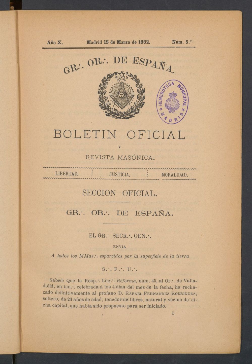 Boletn Oficial del Gran Oriente de Espaa del 15 de marzo de 1882. N 5
