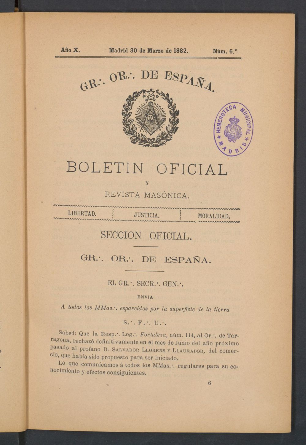 Boletn Oficial del Gran Oriente de Espaa del 30 de marzo de 1882. N 6