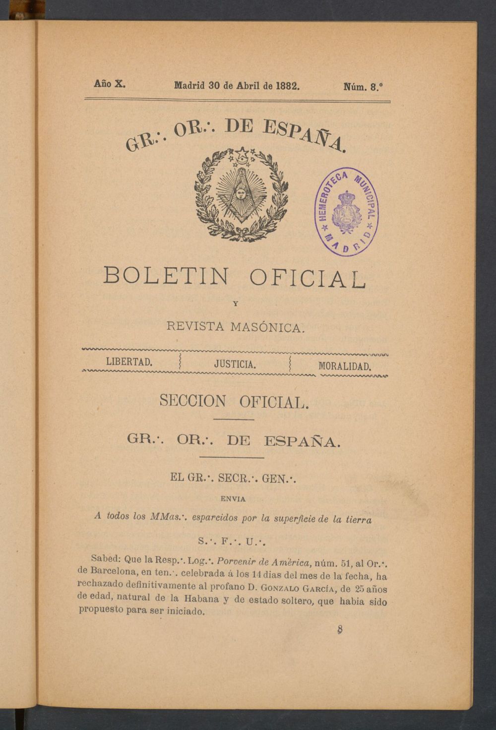 Boletn Oficial del Gran Oriente de Espaa del 30 de abril de 1882. N 8
