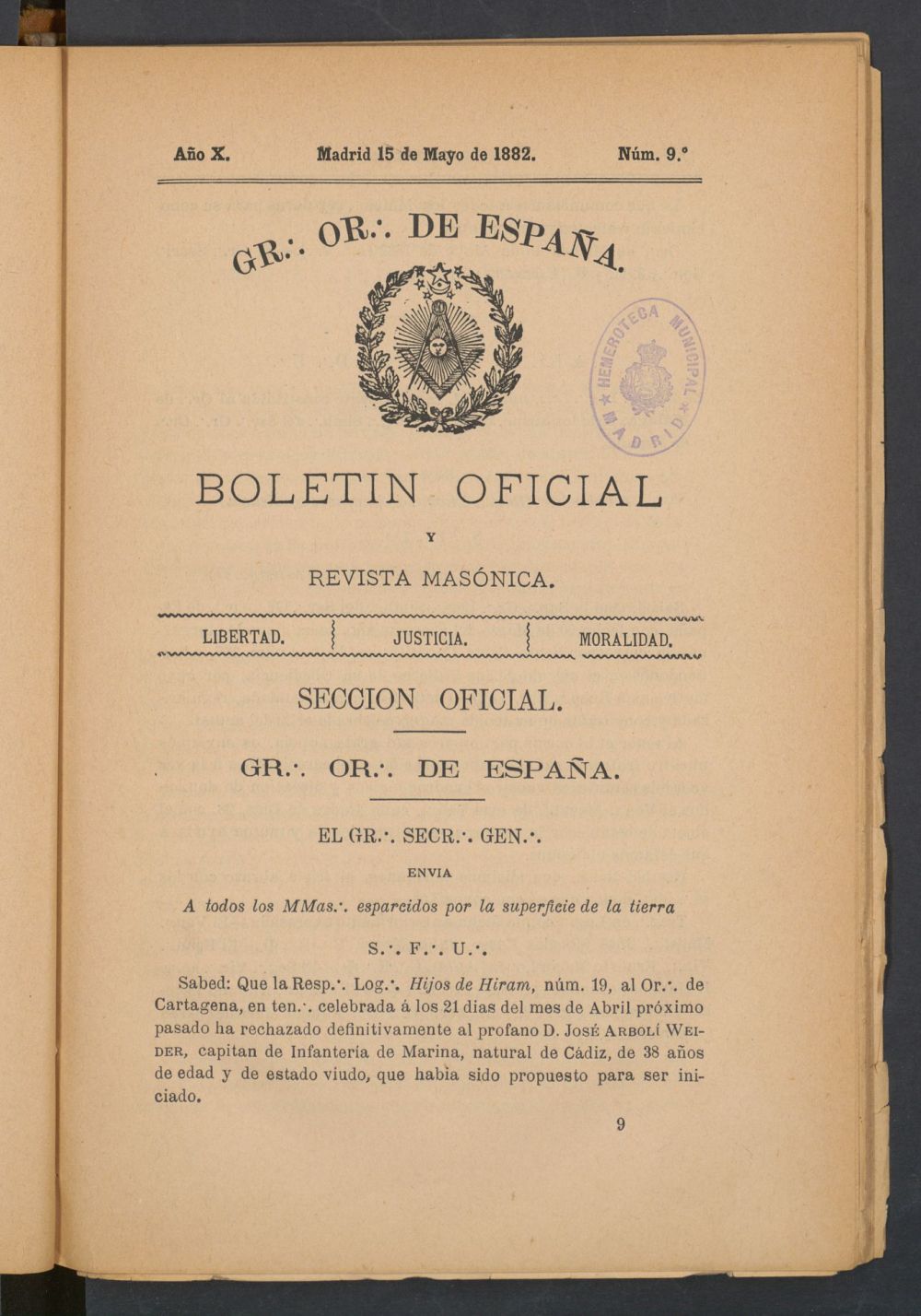 Boletn Oficial del Gran Oriente de Espaa del 15 de mayo de 1882. N 9
