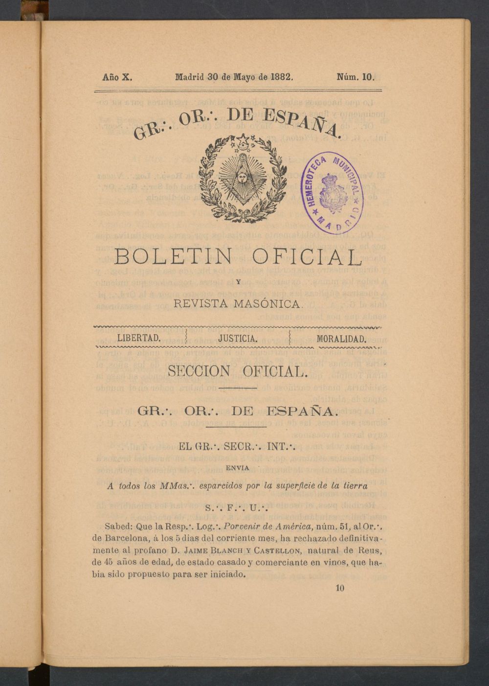 Boletn Oficial del Gran Oriente de Espaa del 30 de mayo de 1882. N 10