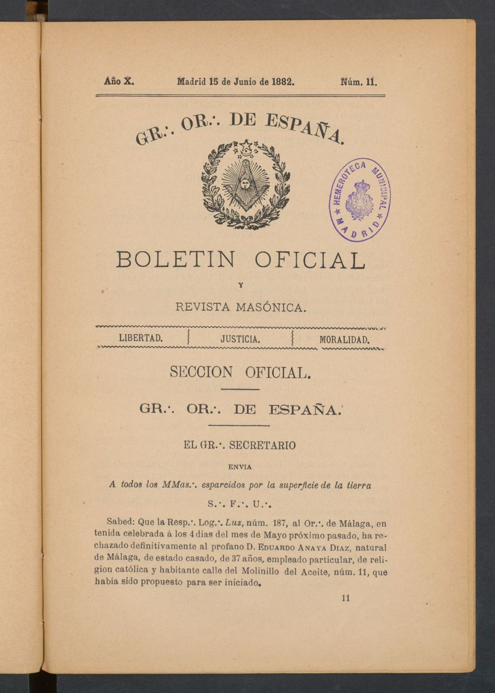 Boletn Oficial del Gran Oriente de Espaa del 15 de junio de 1882. N 11