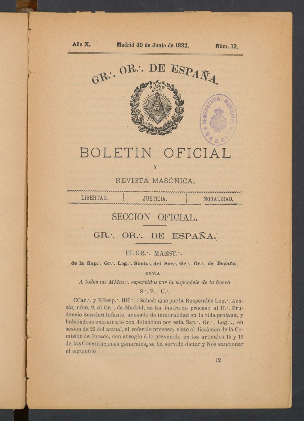 Boletn Oficial del Gran Oriente de Espaa del 30 de junio de 1882. N 12