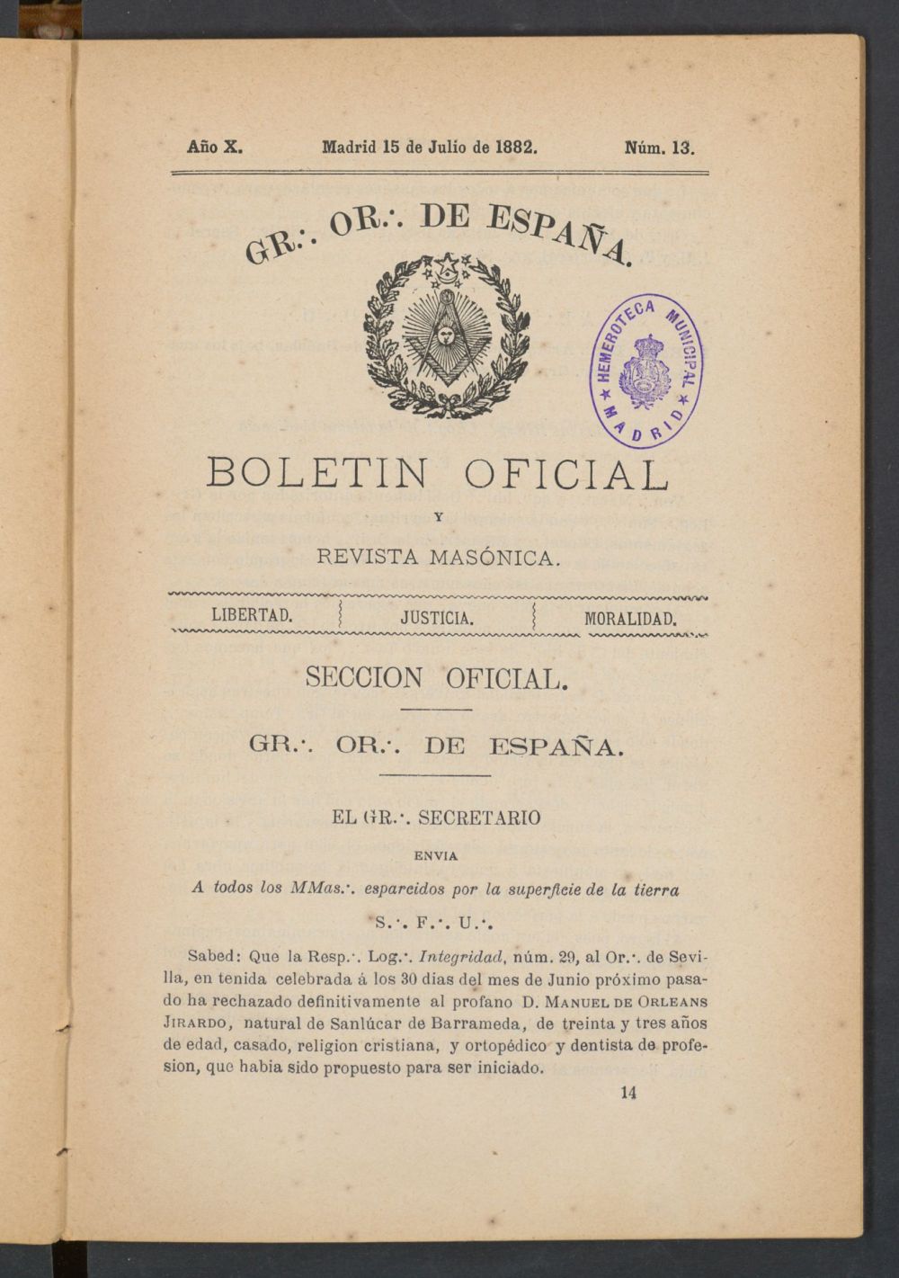Boletn Oficial del Gran Oriente de Espaa del 15 de julio de 1882. N 13