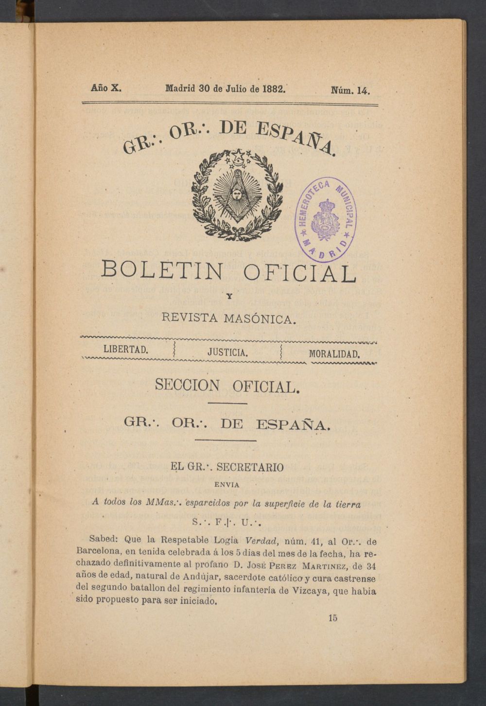Boletn Oficial del Gran Oriente de Espaa del 30 de julio de 1882. N 14