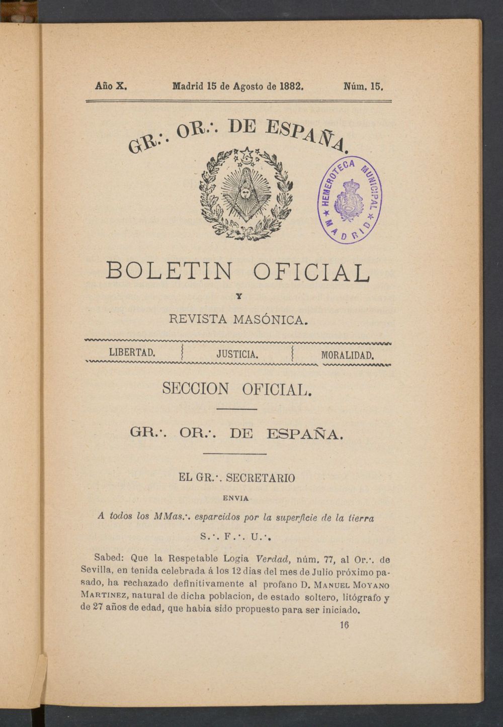 Boletn Oficial del Gran Oriente de Espaa del 15 de agosto de 1882. N 15