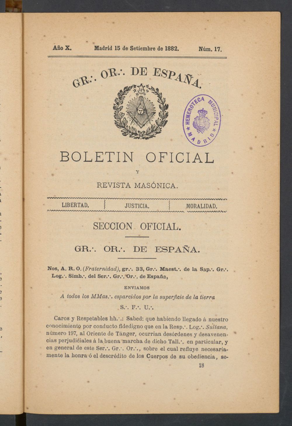 Boletn Oficial del Gran Oriente de Espaa del 15 de septiembre de 1882. N 17