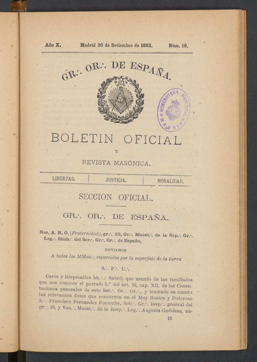 Boletn Oficial del Gran Oriente de Espaa del 30 de septiembre de 1882. N 18
