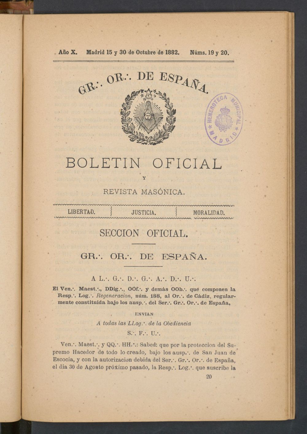 Boletn Oficial del Gran Oriente de Espaa del 15 y 30 de octubre de 1882. N 19 y 20