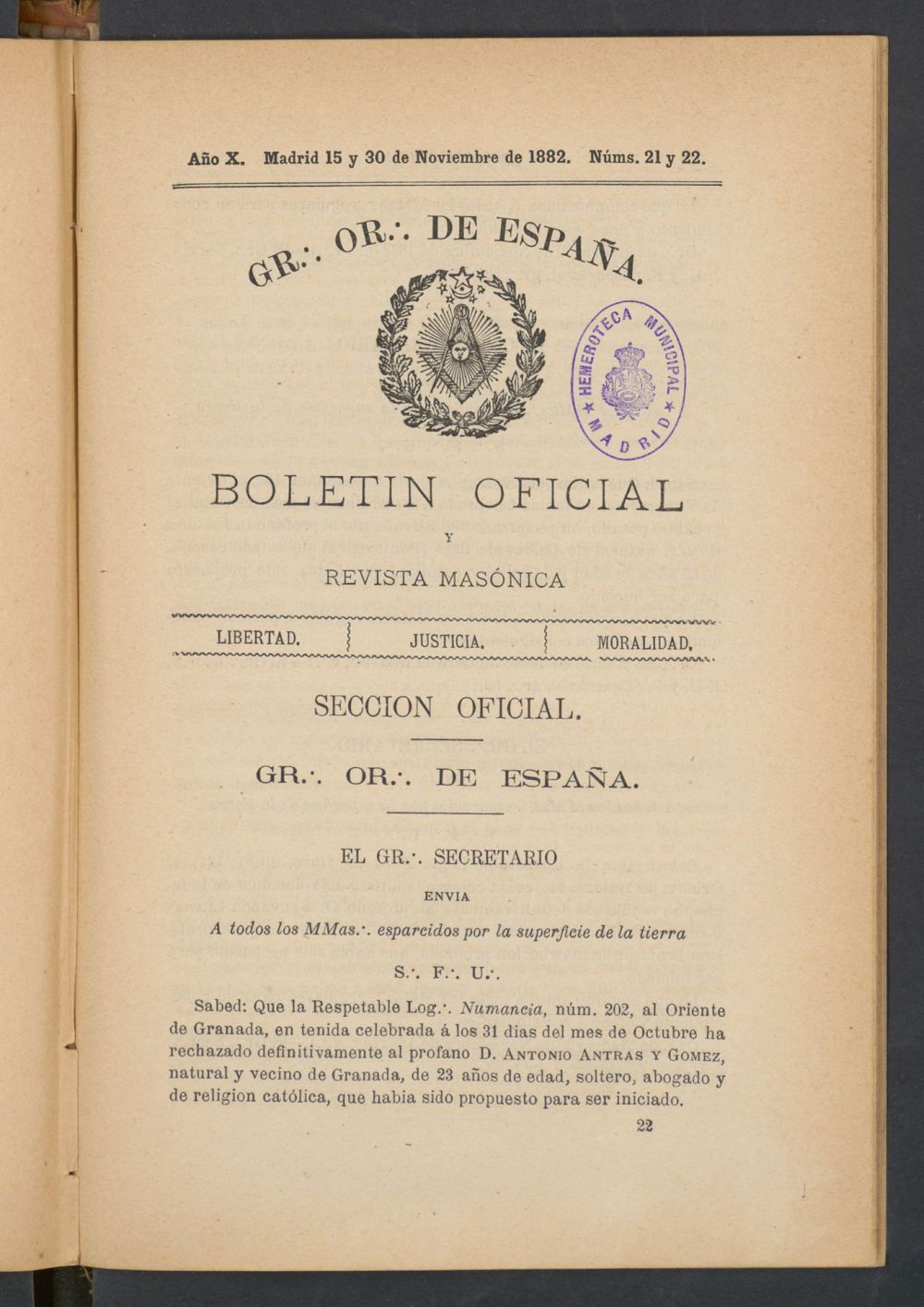 Boletn Oficial del Gran Oriente de Espaa del 15 y 30 de noviembre de 1882. N 21 y 22
