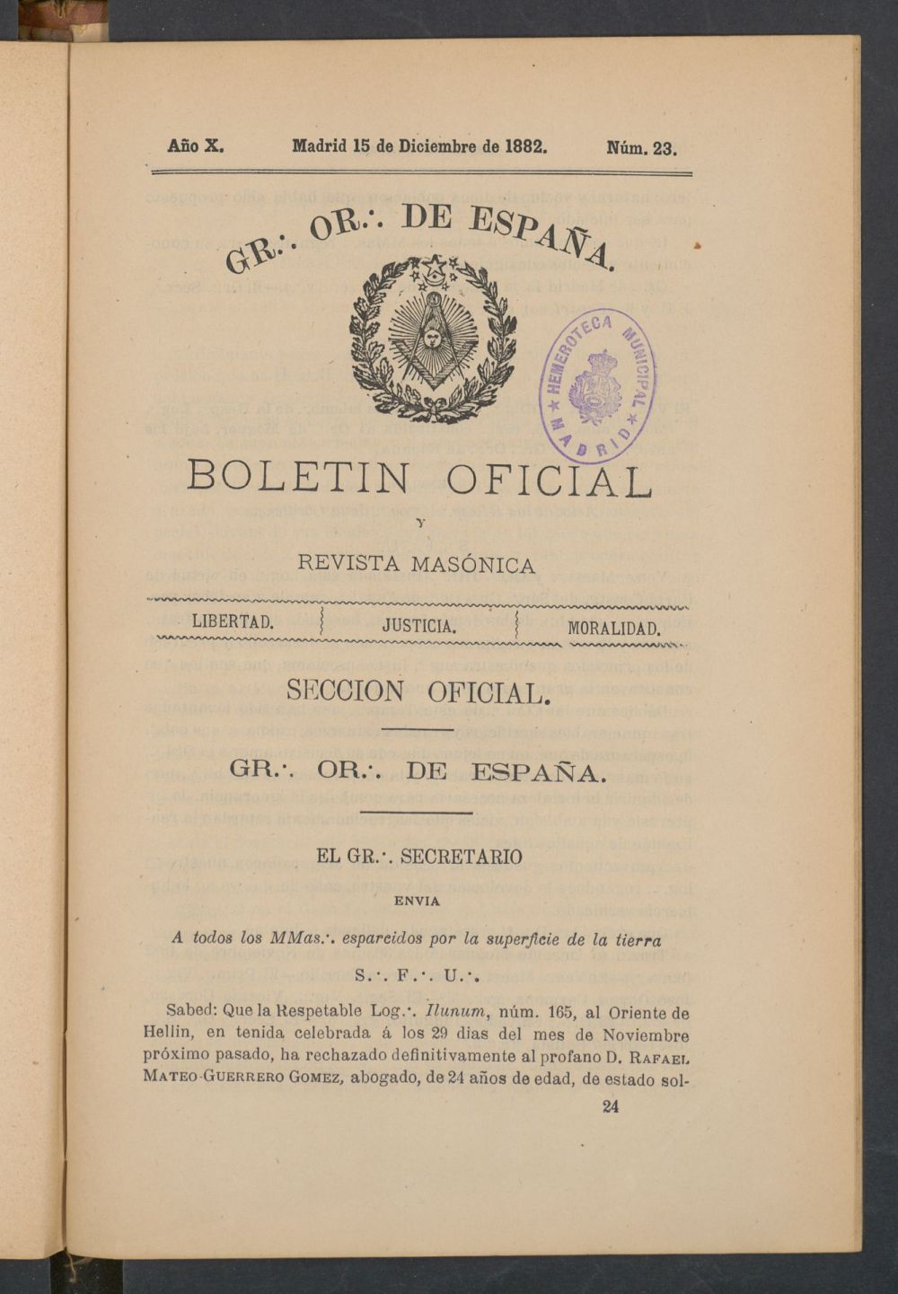 Boletn Oficial del Gran Oriente de Espaa del 15 de diciembre de 1882. N 23