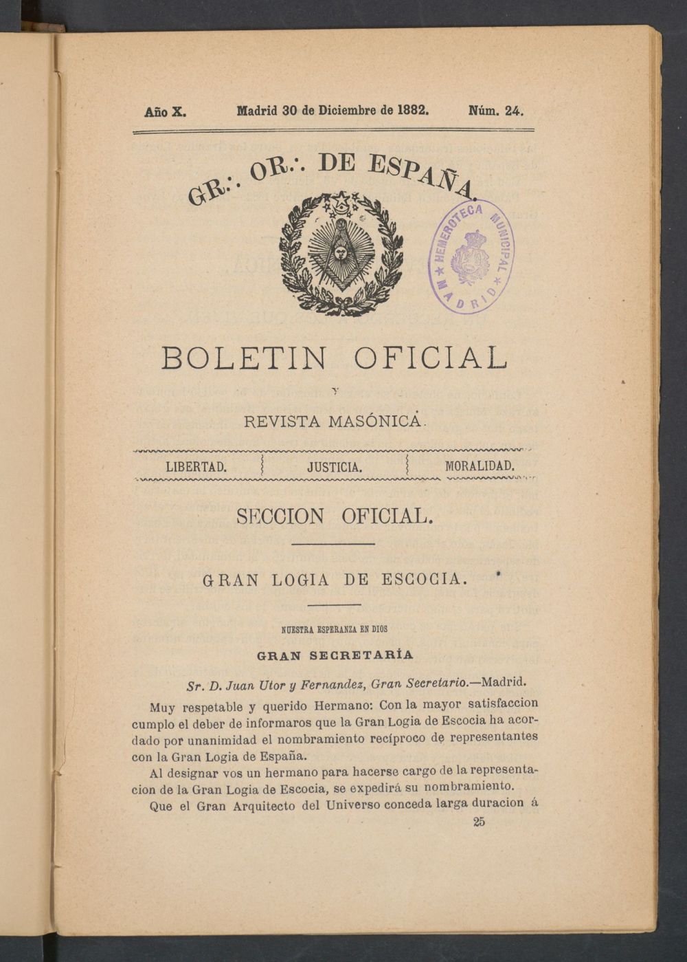 Boletn Oficial del Gran Oriente de Espaa del 30 de diciembre de 1882. N 24