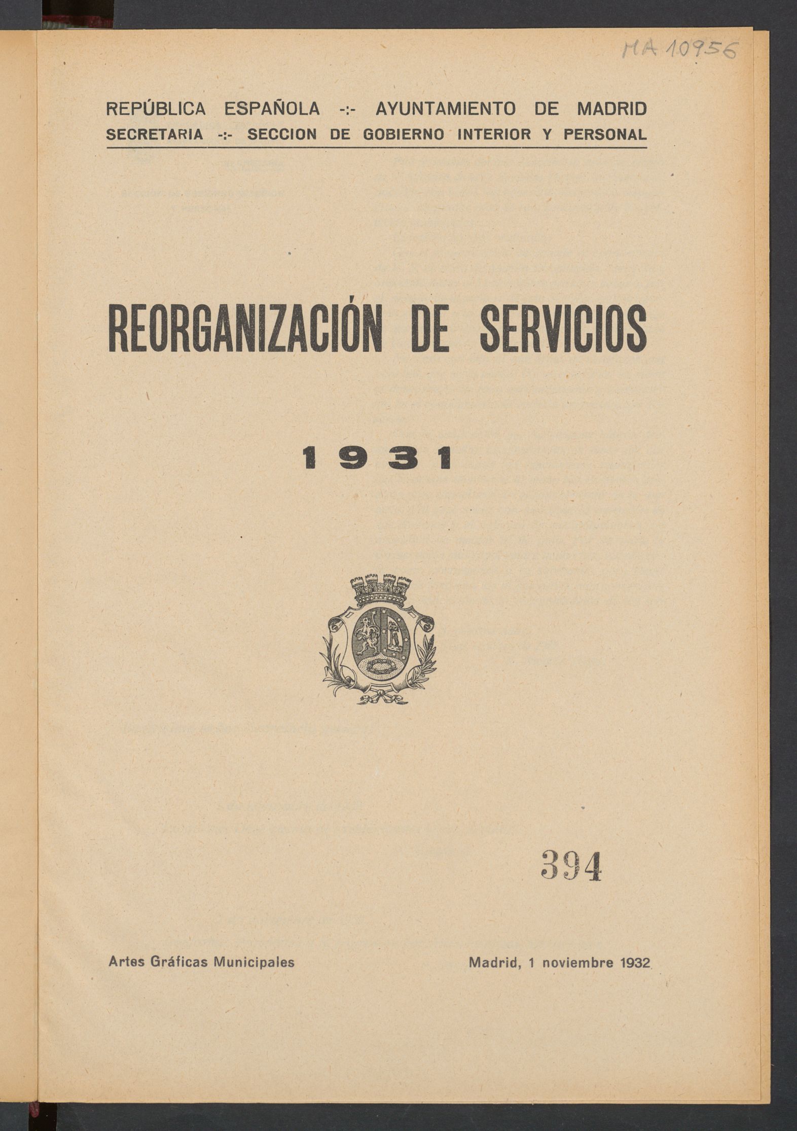 Reorganizacin de servicios : 1931