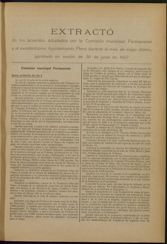 Boletn Oficial del Ayuntamiento de Madrid: Extracto de los acuerdos adoptados por la Comisin municipal Permanente y el excelentsimo Ayuntamiento Pleno durante el mes de mayo ltimo, aprobado en sesin de 30 de junio de 1927.