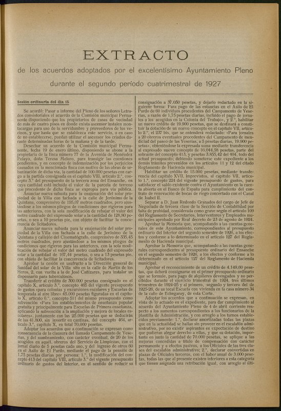Boletn Oficial del Ayuntamiento de Madrid: Extracto de los acuerdos adoptados por el excelentsimo Ayuntamiento Pleno durante el segundo perodo cuatrimestral de 1927.
