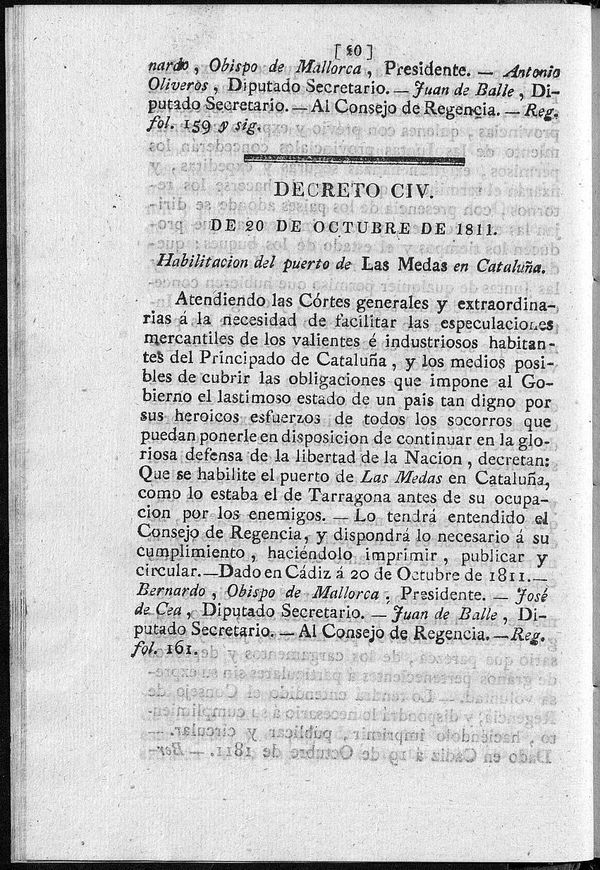 Decreto de20/10/1811. Habilitacin del puerto de Las Medas en Catalua.