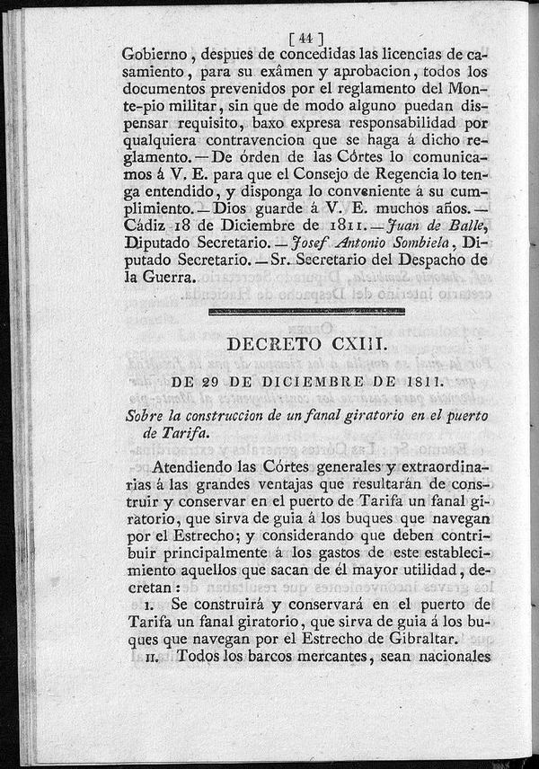 Decreto 29/12/1811. Sobre la construccin de un fanal giratorio en el puerto de Tarifa.