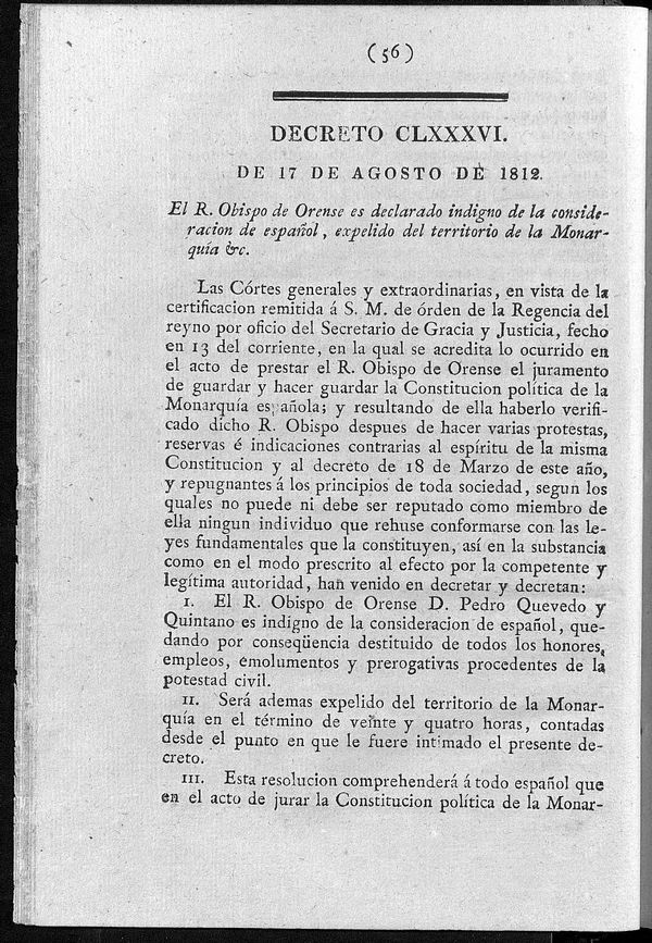 Decreto de 17/08/1812. El R. Obispo de Orense es declarado indigno de la consideracin de espaol, expelido del territorio de la Monarqua.