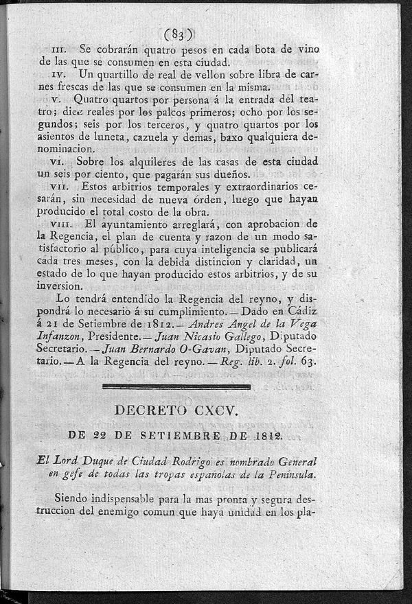 Decreto 22/09/1812. El Lord Duque de Ciudad-Rodrigo es nombrado General en gefe de todas las tropas espaolas da la Pennsula.