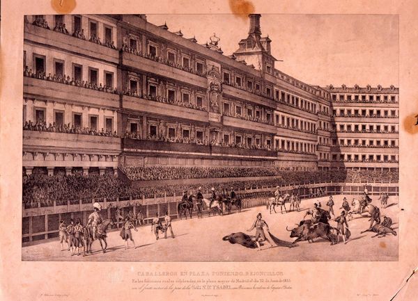 Caballeros en la paza poniendo rejoncillos 
Corrida de toros en la Plaza Mayor con motivo de la Jura de Isabel II como heredera.
