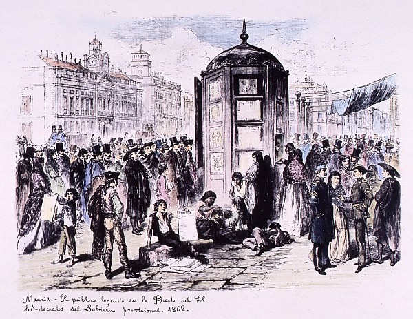 El pblico leyendo en la Puerta del Sol los decretos del Gobierno Provisional. 1868