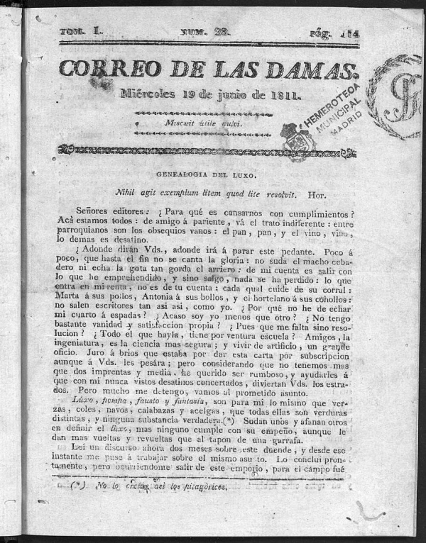 Correo de las Damas del Mircoles 19 de Junio de 1811