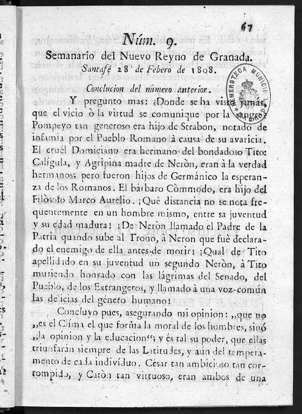 Semanario del Nuevo Reyno de Granada, Nm. 9.