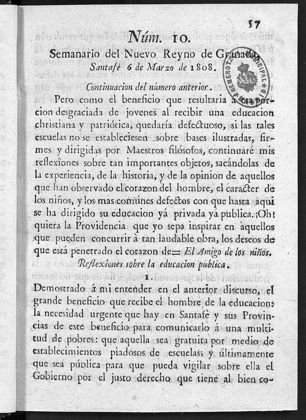 Semanario del Nuevo Reyno de Granada, Nm. 10.