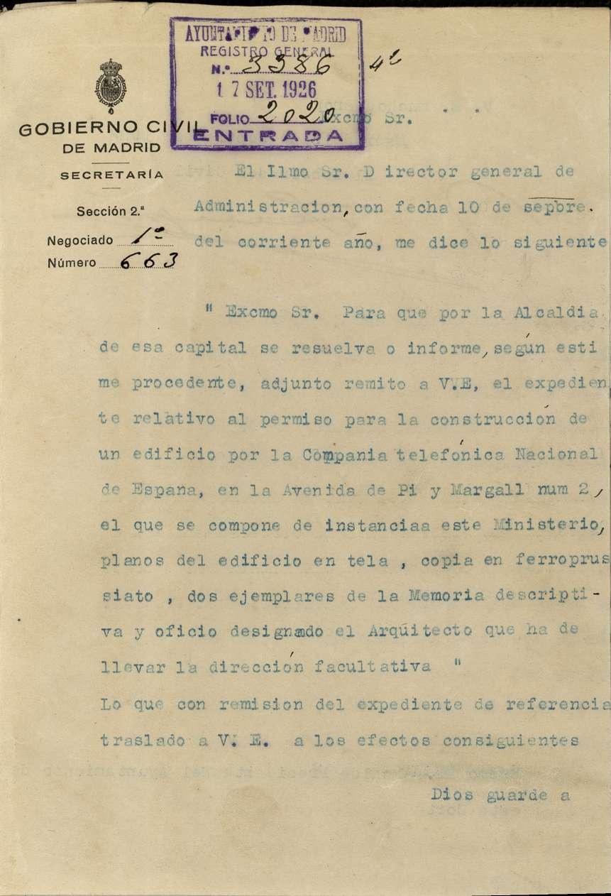 Expediente que contiene la solicitud de permisos y memoria de construccin del edificio de la Telefnica