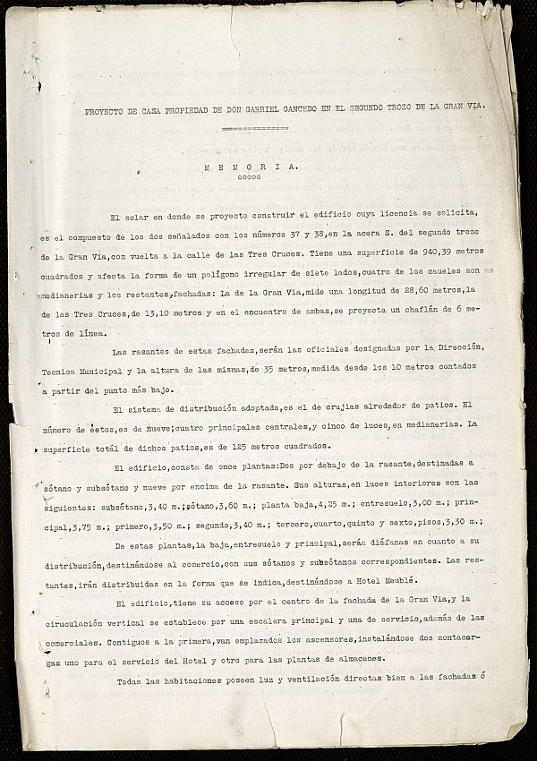 Memoria de proyecto constructivo de casa de comercio y Hotel Gran Va propiedad del Sr. Gancedo