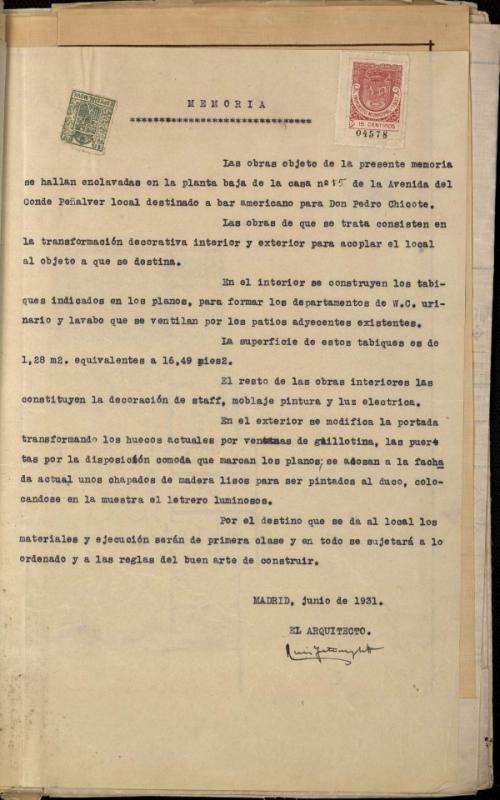 Expediente incoado en virtud de la licencia solicitada por D. Pedro Chicote para modificar huecos y portada en fachada y decoracin en el local destinado a bar en el n. 15 de la Avenida del Conde de Pealver, actual Gran Va, 12