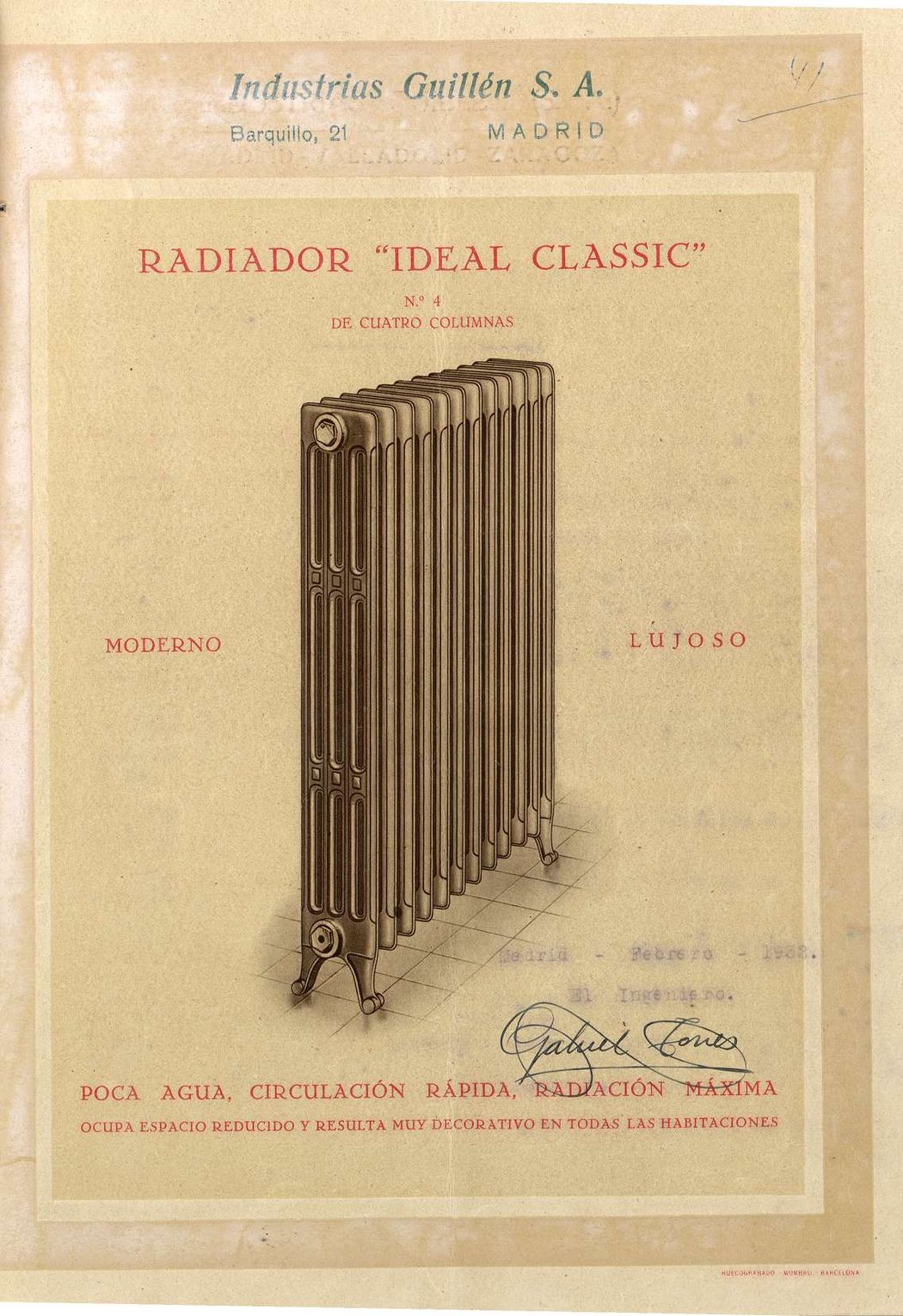 Cartel publicitario de un radiador "Ideal Classic" para la calefaccin central del edificio Gran Va 67