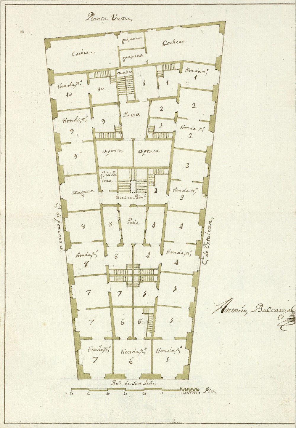 Plano para la construccin de una casa situada en la Red de San Luis con fachada a la de Hortaleza y Fuencarral, propiedad de Don Pedro de Astrearena