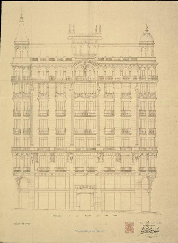 Fachada del edificio de Viviendas y oficinas para D. Jess Murga situado en Gran Va 26
