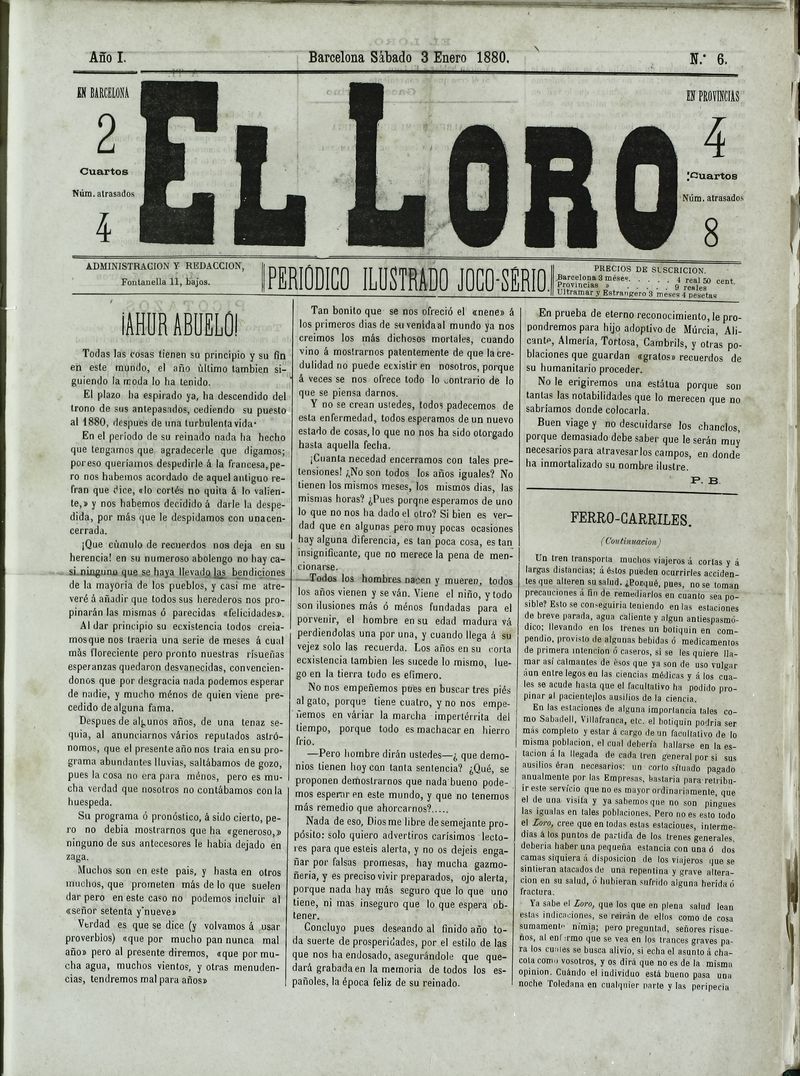 El Loro: peridico ilustrado joco-serio. Sbado 3 de enero de 1880