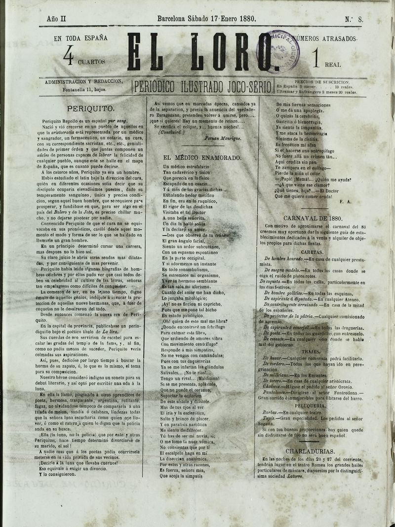 El Loro: peridico ilustrado joco-serio. Sbado 17 de enero de 1880