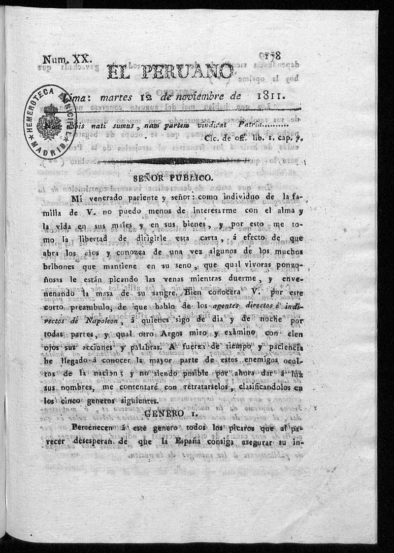 El Peruano. Lima: martes 12 de noviembre de 1811